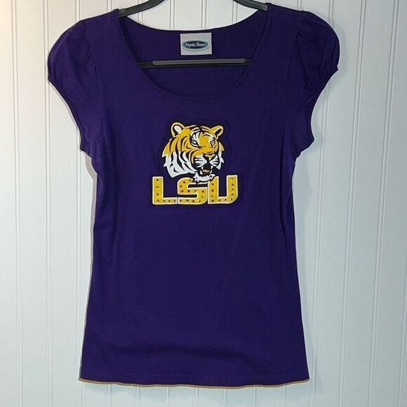 LSU Rhinestone Enhanced Tee Women’s Medium Purple And Gold Pleated Short Sleeve - Picture 1 of 10
